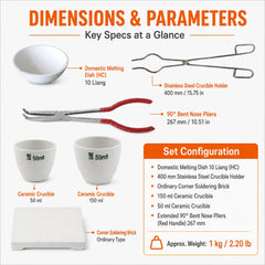 Dimensions and technical specifications of ceramic crucible and tongs set
