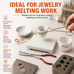 Jewelry melting work using ceramic crucible dish and stainless steel tongs