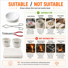 Suitable and not suitable applications for Tooltos jewelry melting kit