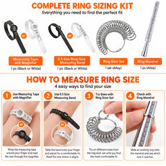 ring sizing kit guide showing four ways to measure ring size with measuring tape ring band ring sizer and mandrel