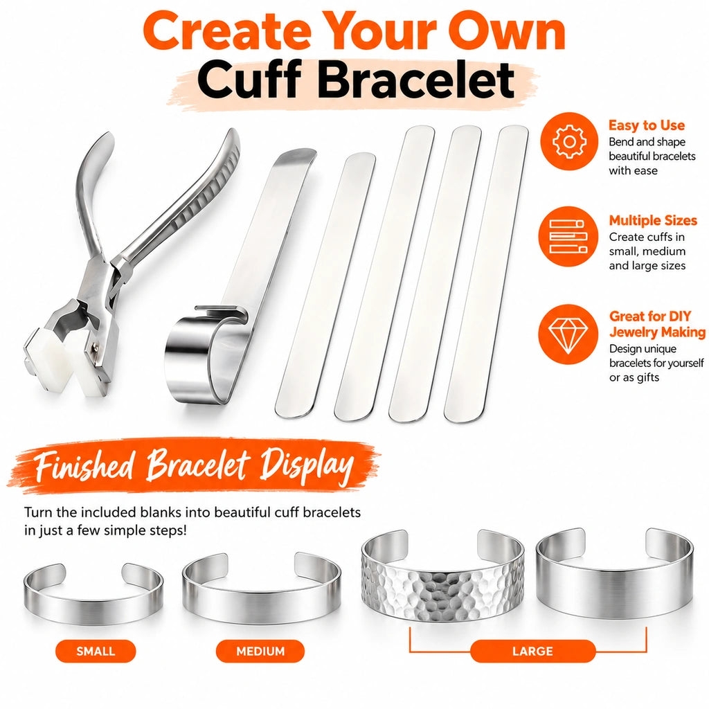 cuff bracelet making kit with forming tools and small medium and large finished cuff bracelet examples