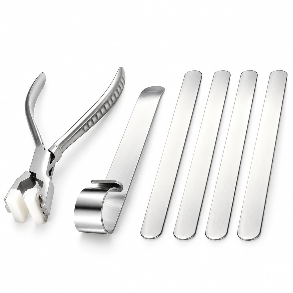 cuff bracelet forming tool set with plastic jaw pliers bracelet bending tool and four bracelet blanks