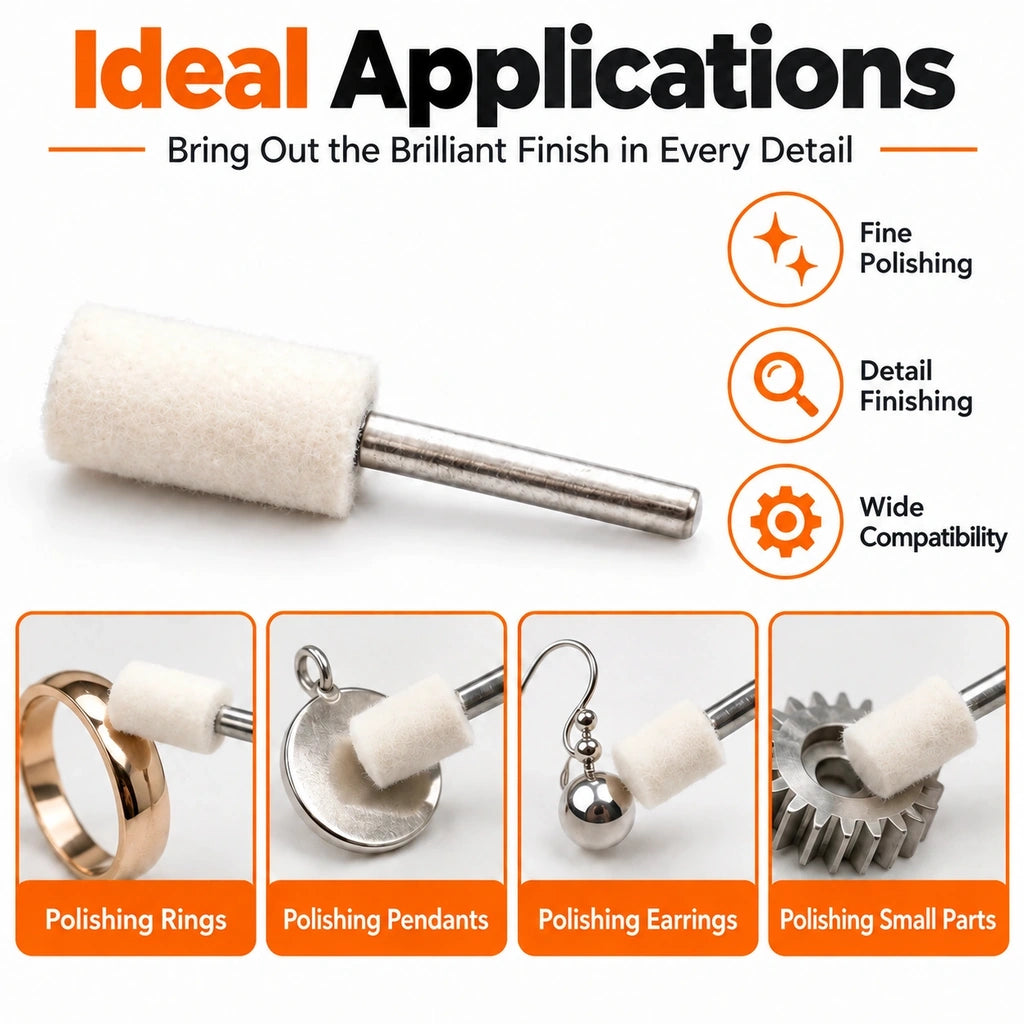 Cylindrical wool felt polishing point for jewelry and metal finishing