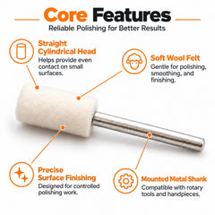 Core features of a cylindrical wool felt polishing point