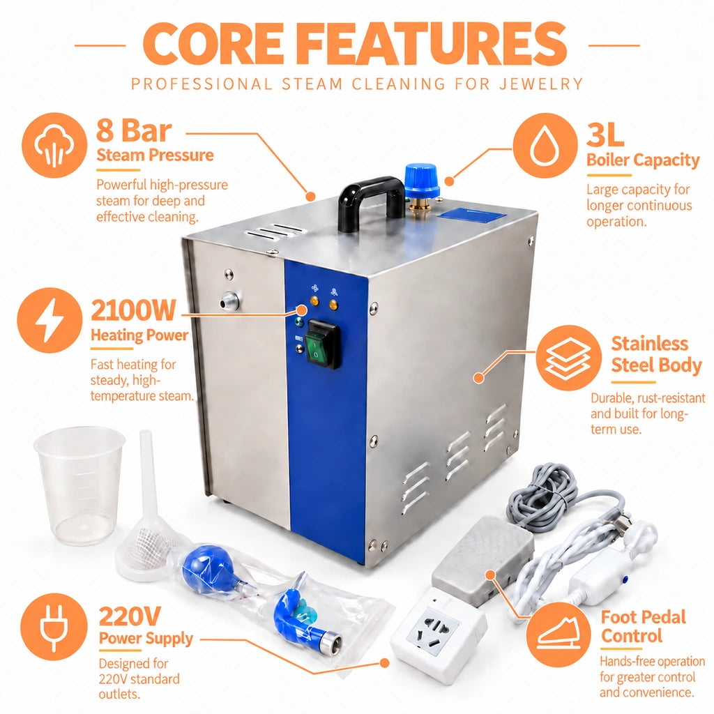 Jewelry steam cleaner with 8 Bar pressure and foot pedal control