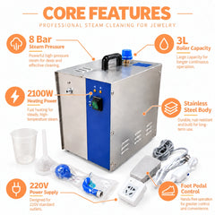 Jewelry steam cleaner with 8 Bar pressure and foot pedal control