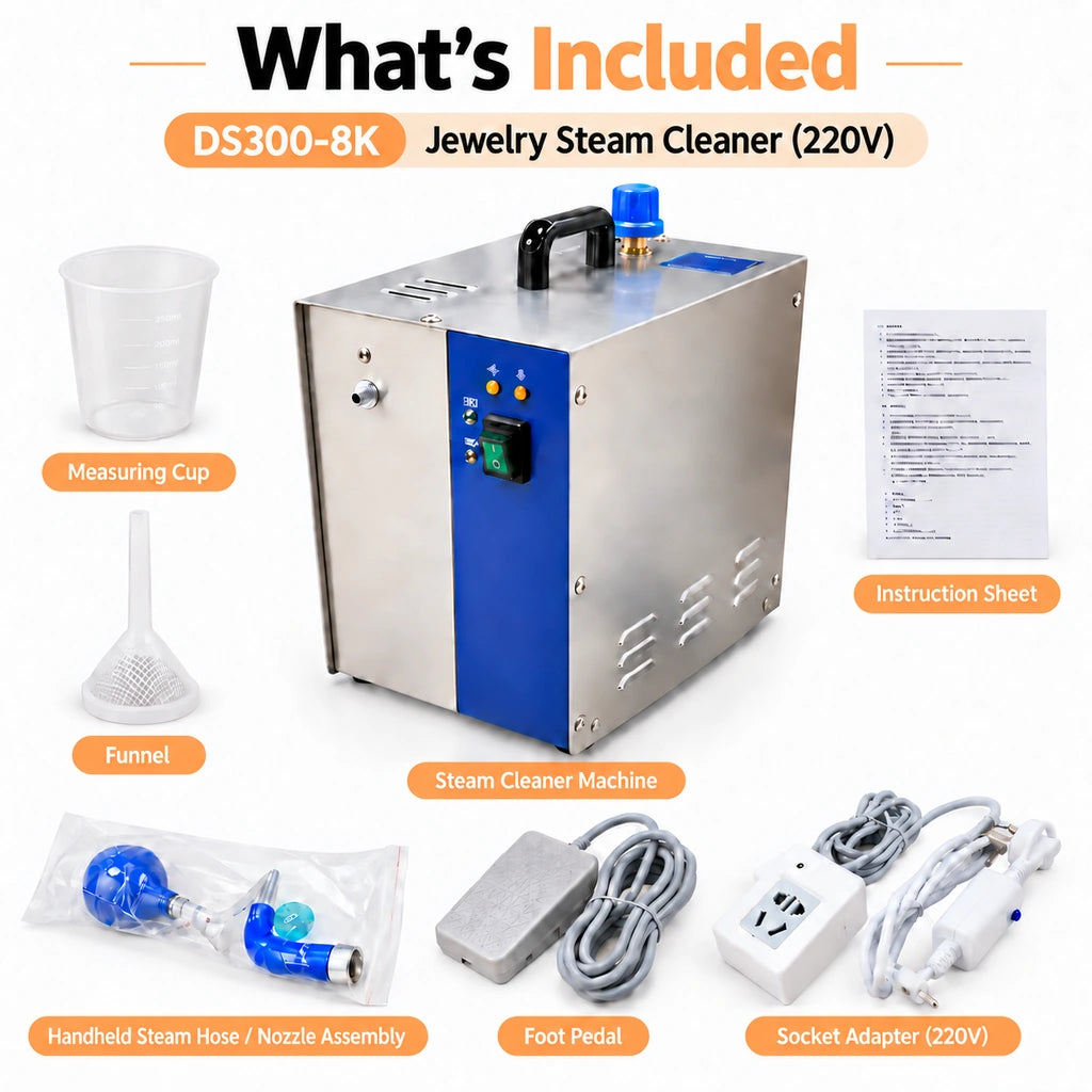 Jewelry steam cleaner package contents with foot pedal and accessories