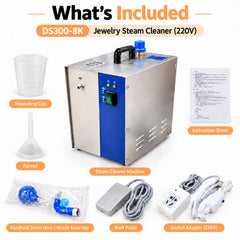 Jewelry steam cleaner package contents with foot pedal and accessories