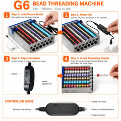G6 bead threading machine operating steps — load beads, power on, adjust rotation, insert needle
