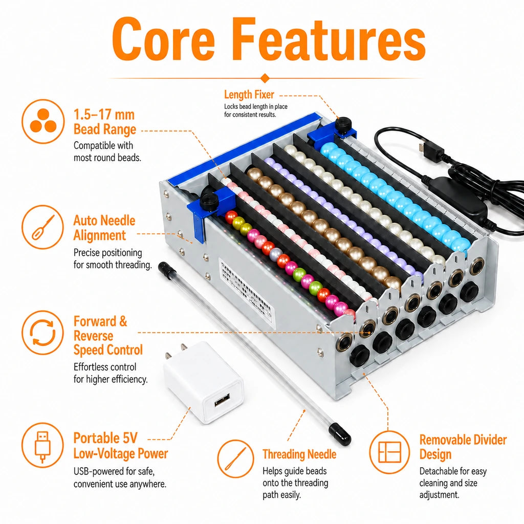 G6 bead threading machine core features — bead range, needle alignment, speed control, USB power