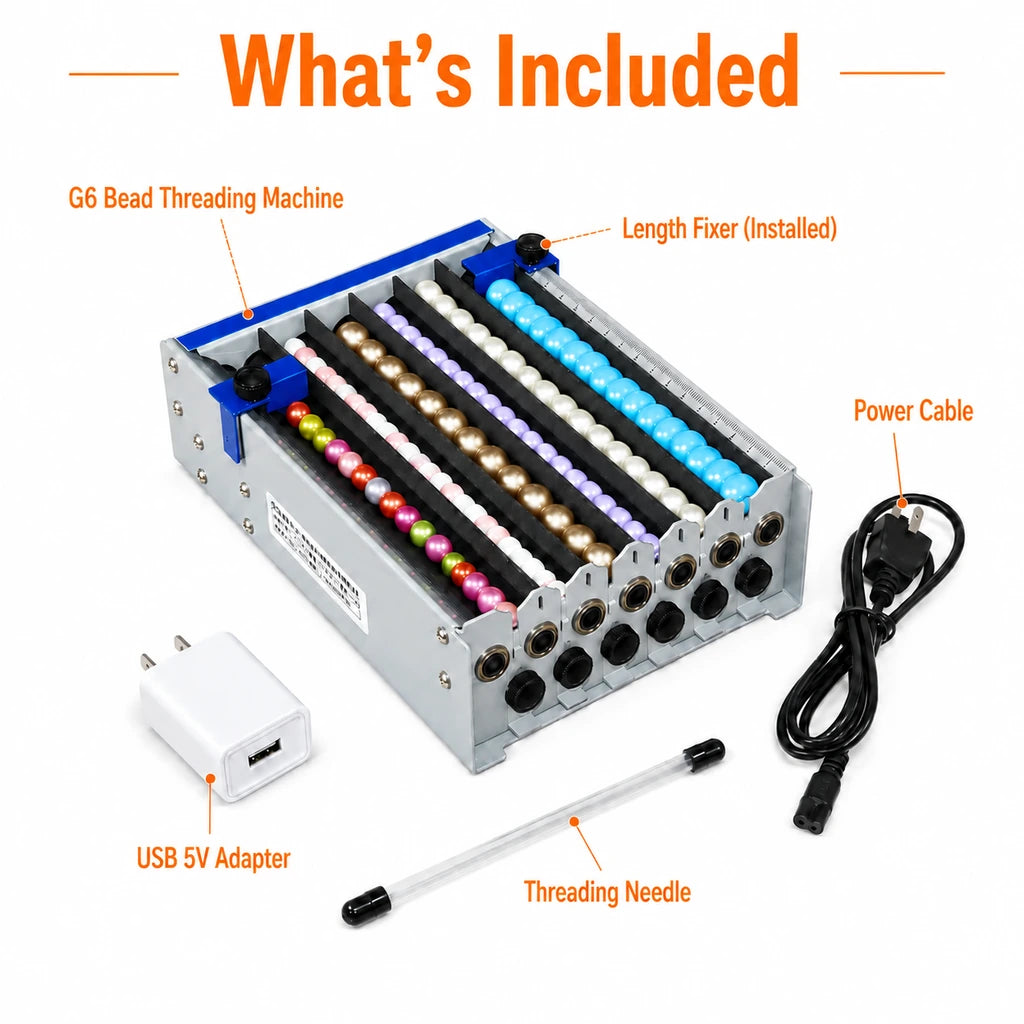 G6 bead threading machine package contents — machine, length fixer, threading needle, USB adapter, power cable