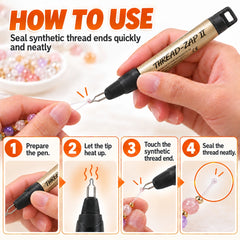 Four step guide to sealing synthetic beading thread with a gold Thread Zap II pen