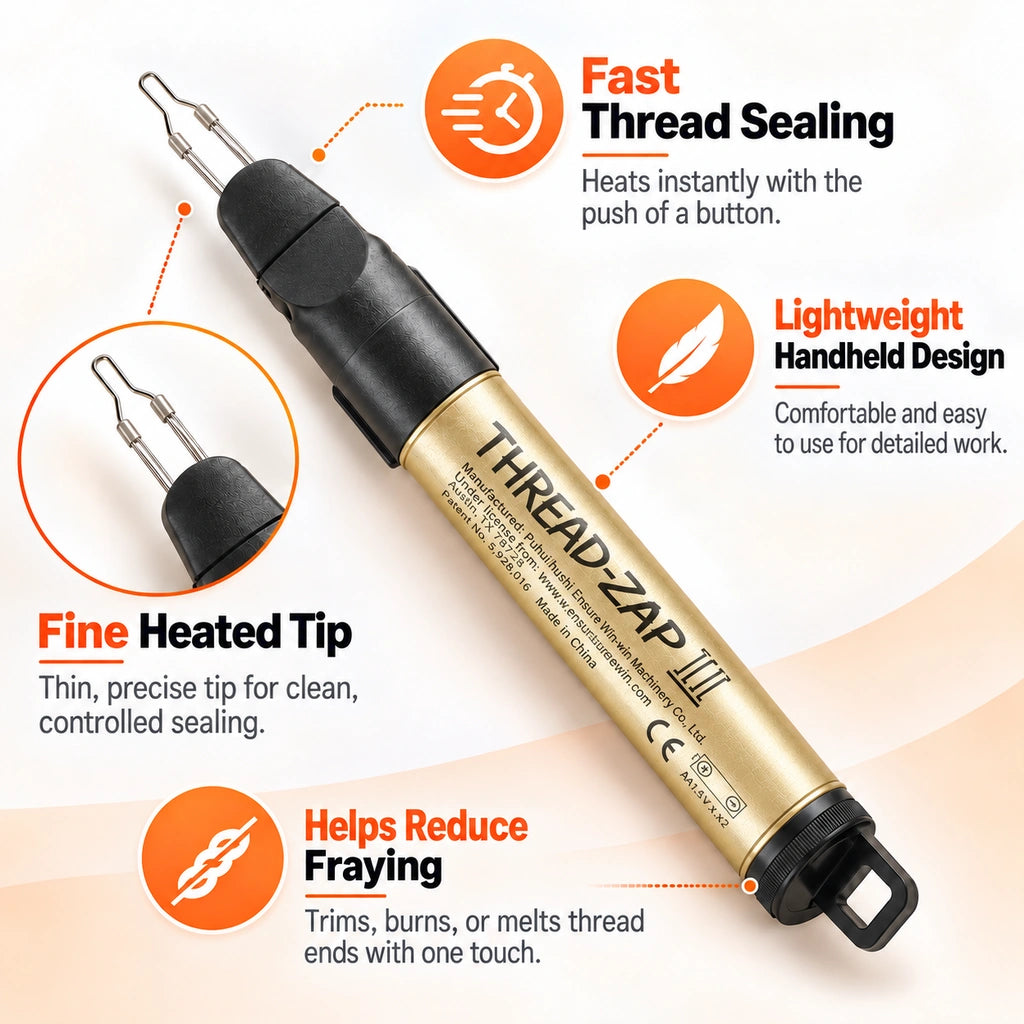 Gold Thread Zap II thread burner pen with fine heated tip and feature callouts