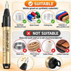 Gold thread burner pen with a chart comparing suitable synthetic threads and unsuitable materials