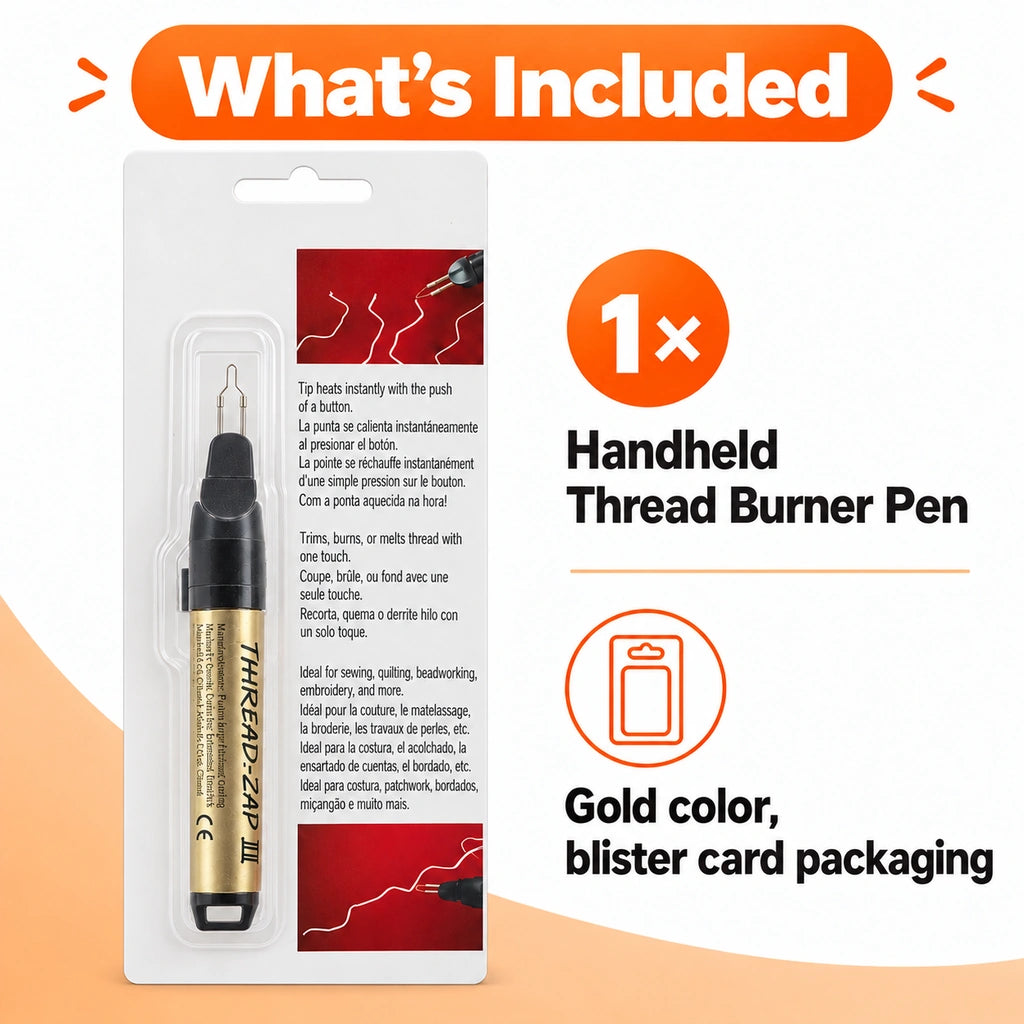 Package contents graphic showing one gold Thread Zap II pen in blister packaging