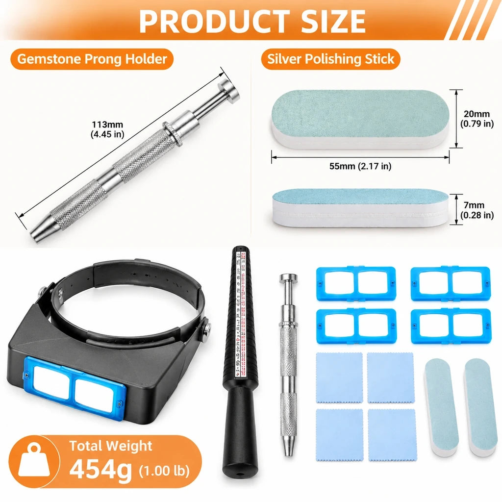 Jewelry tool kit dimensions showing 113 mm gemstone holder, 55 by 20 by 7 mm polishing sticks and 454 g total weight