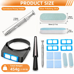Jewelry tool kit dimensions showing 113 mm gemstone holder, 55 by 20 by 7 mm polishing sticks and 454 g total weight