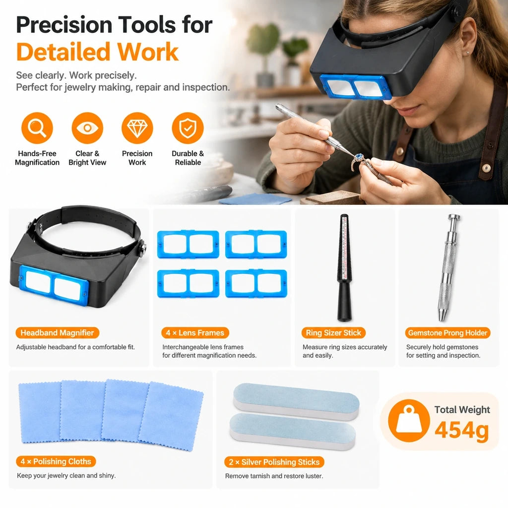 Headband magnifier used for detailed jewelry work with ring sizing stick, gemstone holder, polishing cloths and sticks