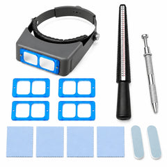 9 piece jewelry tool kit with headband magnifier, lens frames, ring sizing stick, gemstone holder and polishing accessories