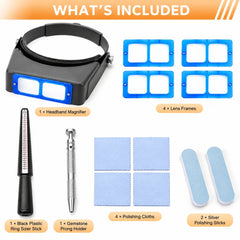 Kit contents showing headband magnifier, four lens frames, ring sizing stick, gemstone holder, four cloths and two polishing sticks