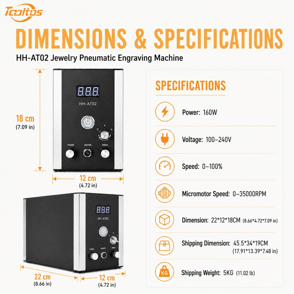 Tooltos HH-AT02 Jewelry Micromotor Engraving Machine Dimensions and Specifications
