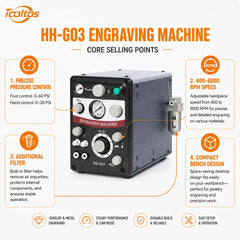 Tooltos HH-G03 engraving machine core selling points infographic showing precise pressure control, 400-8000 RPM speed, additional filter and compact bench design