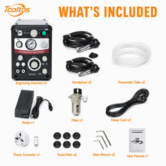 Tooltos HH-G03 package contents including engraving machine, 2 handpieces, 2 pneumatic tubes, foot pedal, air filter, power cord, power converter, touch palms, allen wrenches and user manual