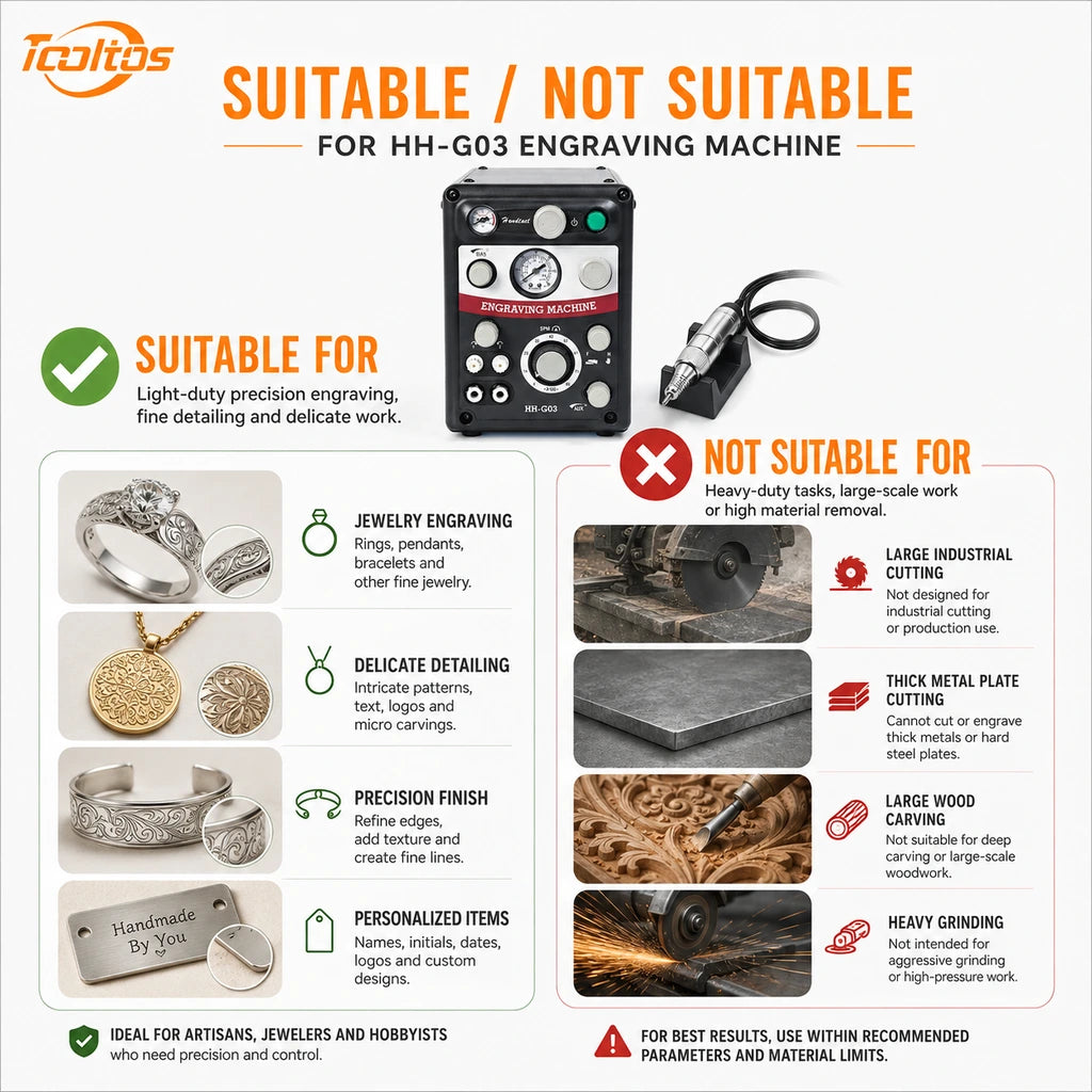 Tooltos HH-G03 suitable and not suitable use cases showing jewelry engraving, delicate detailing and precision finish as suitable, and industrial cutting, thick metal and heavy grinding as not suitable