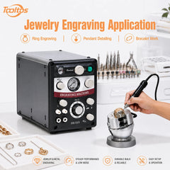 Tooltos HH-G03 pneumatic engraving machine in use for jewelry engraving showing ring engraving, pendant detailing and bracelet work applications