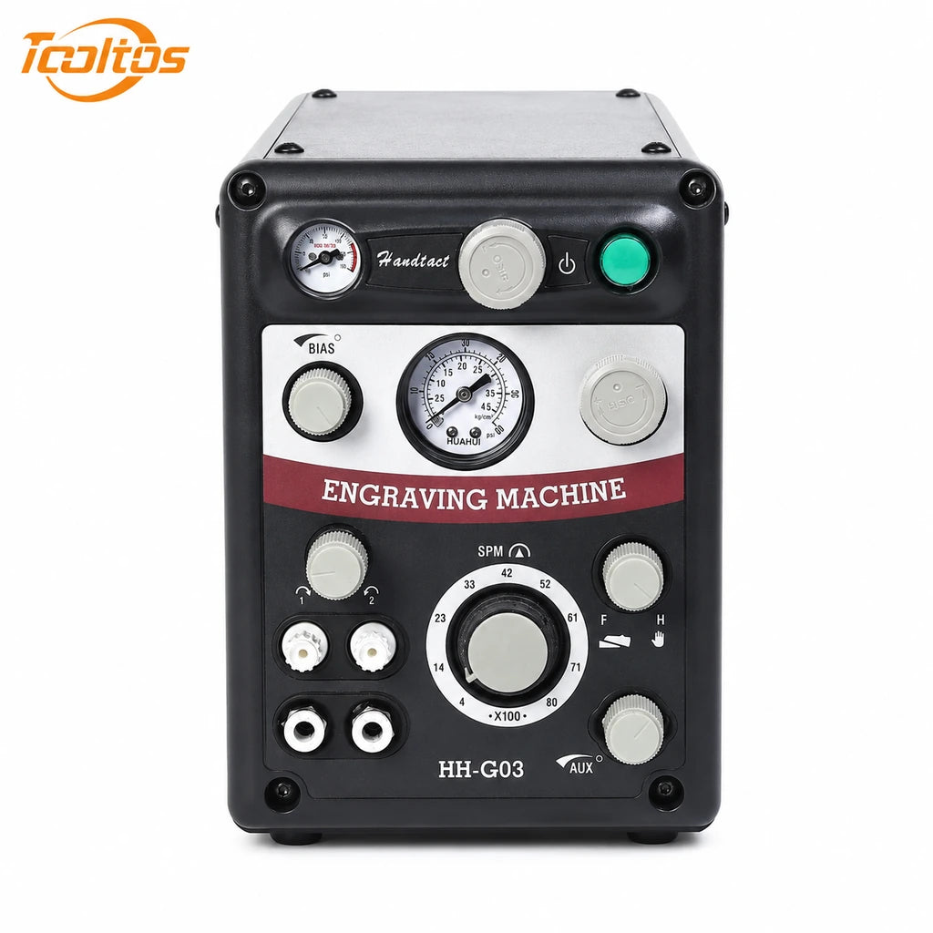 Tooltos HH-G03 pneumatic engraving machine front view showing control panel, pressure gauges, speed knob and dual handpiece ports