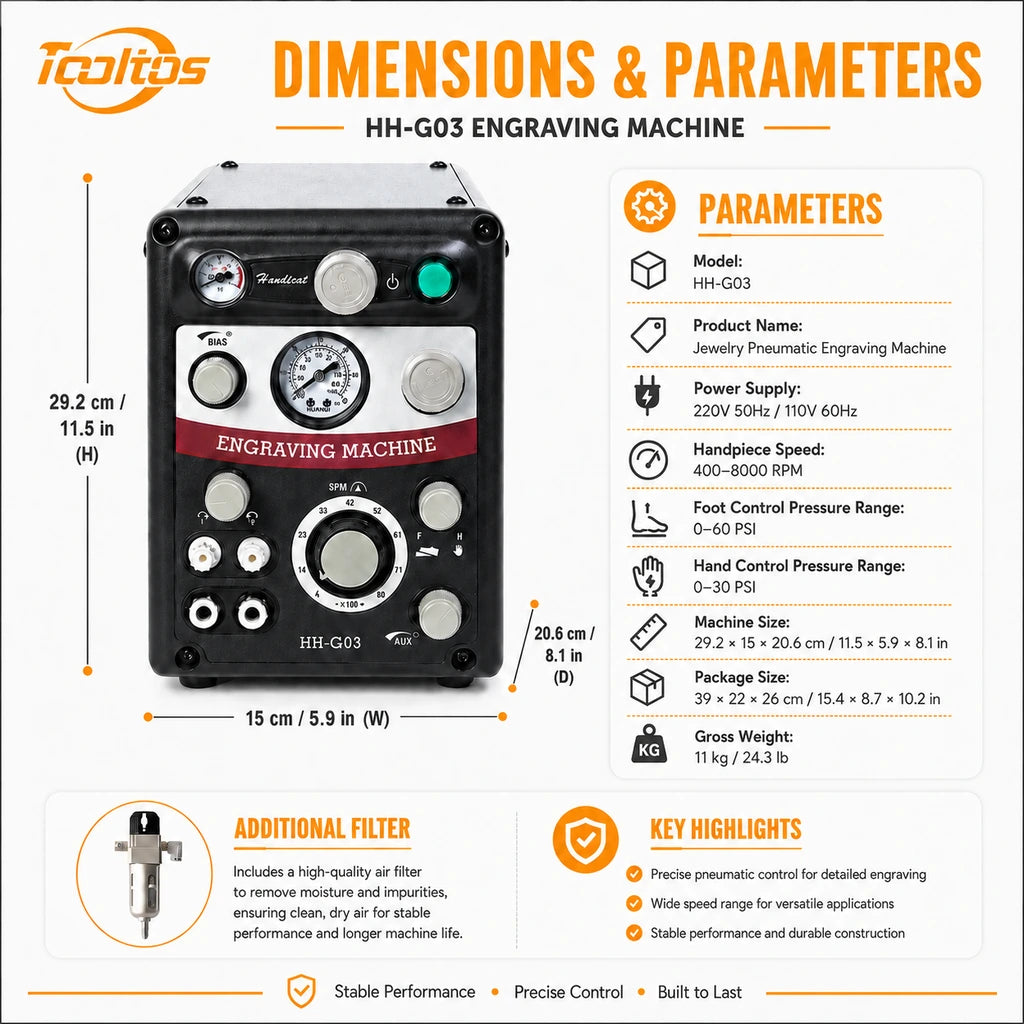 Tooltos HH-G03 engraving machine dimensions and parameters chart showing machine size 29.2 x 15 x 20.6 cm, 400-8000 RPM speed and 0-60 PSI foot control pressure range