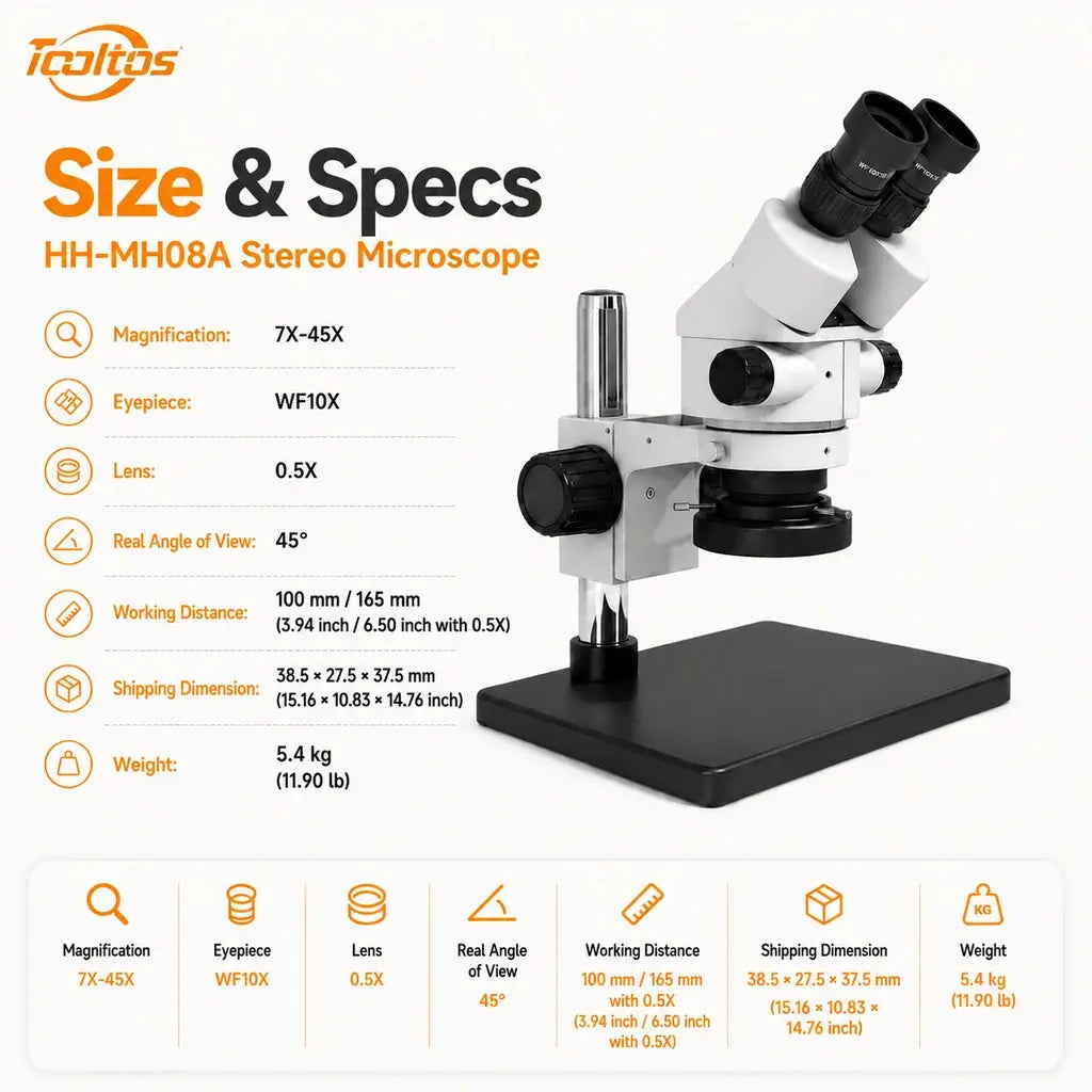 Tooltos HH-MH08A stereo microscope detail view showing focus knobs and zoom control