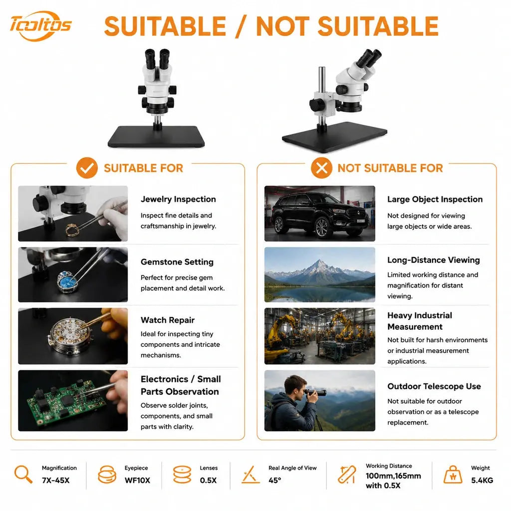 Suitable and not suitable applications for Tooltos HH-MH08A stereo microscope
