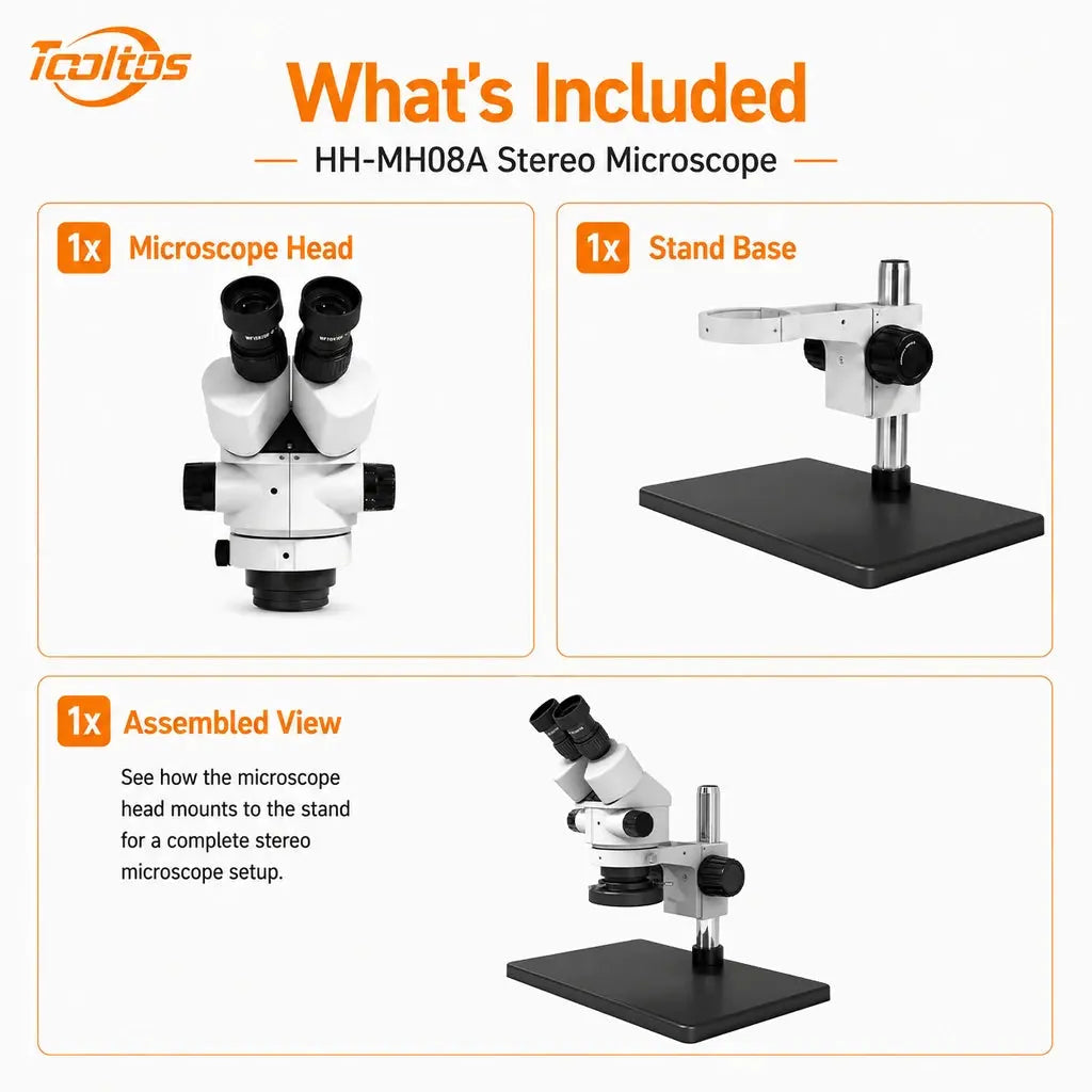 Package contents of Tooltos HH-MH08A stereo microscope with desktop post stand