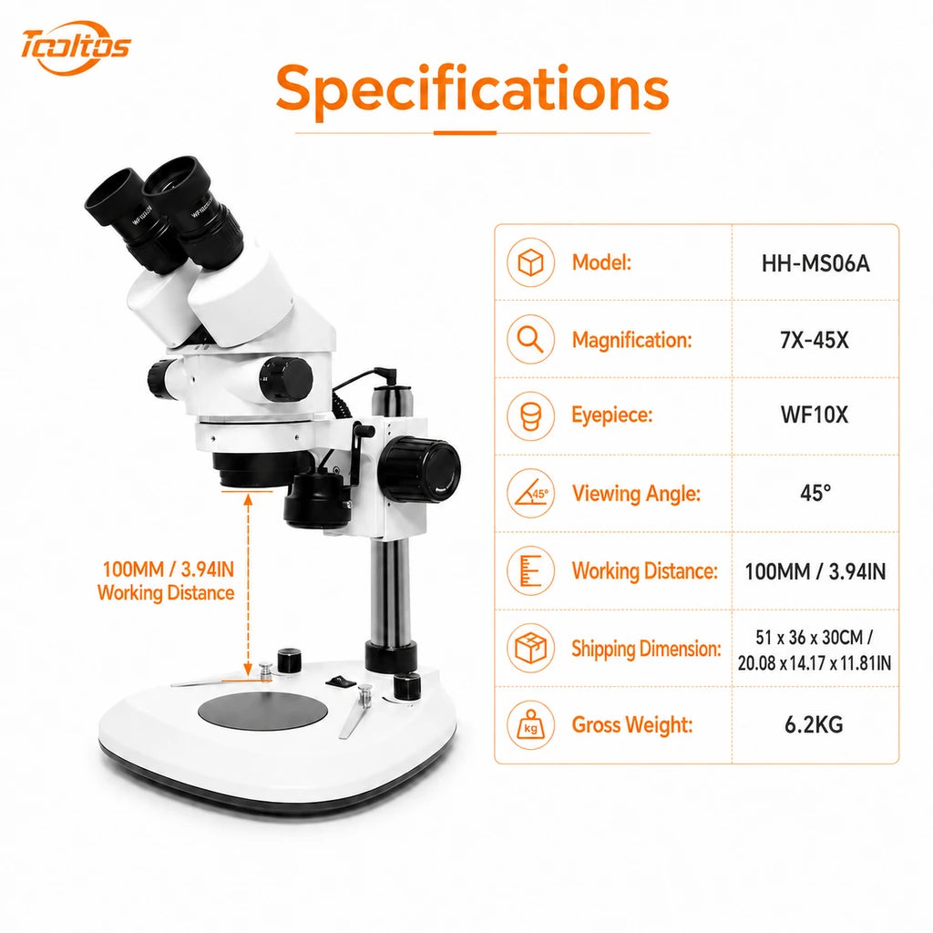 Core features of Tooltos HH-MS06A stereo microscope 7X-45X WF10X eyepiece