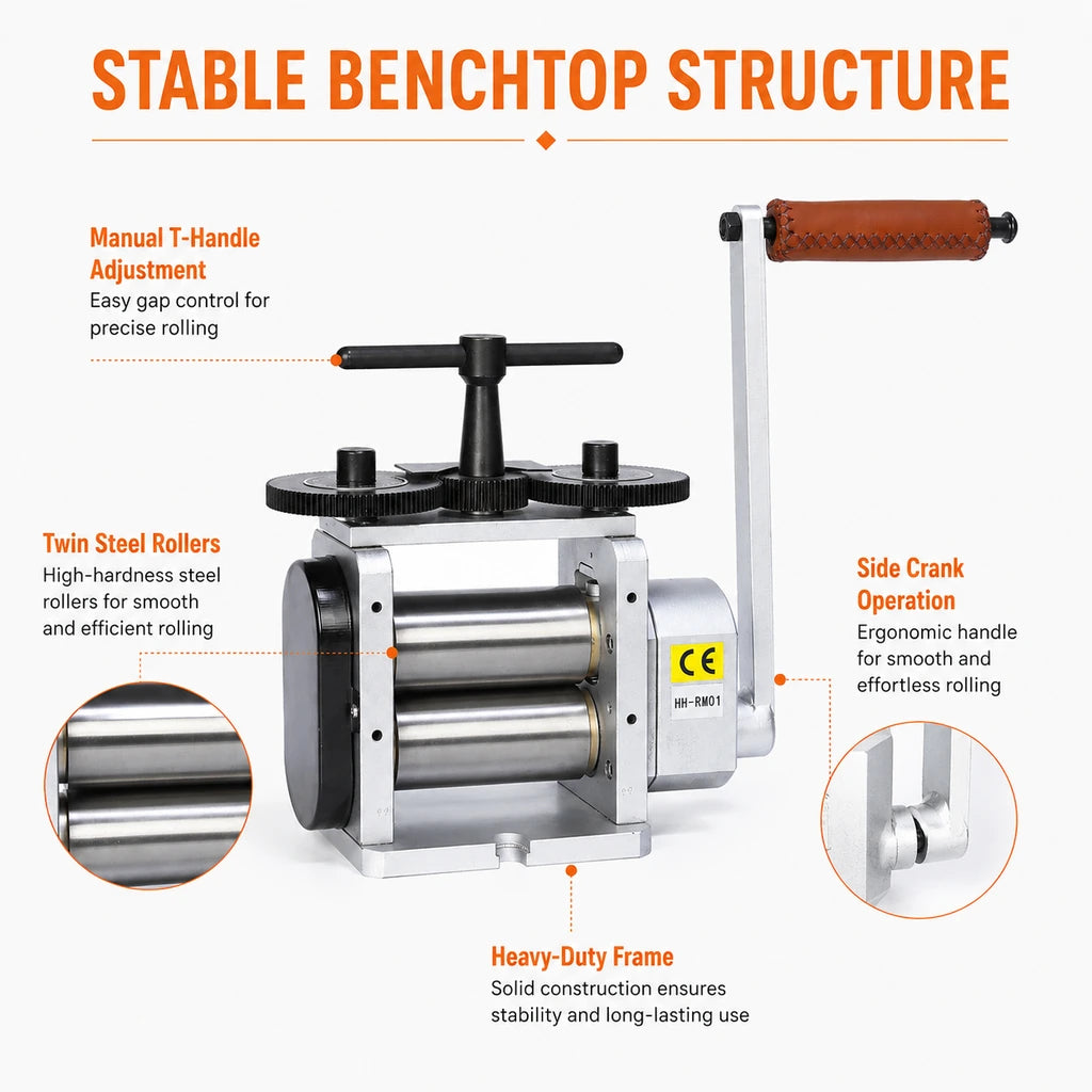 Tooltos Jewelry Rolling Mill Stable Benchtop Structure – Twin Steel Rollers and Side Crank