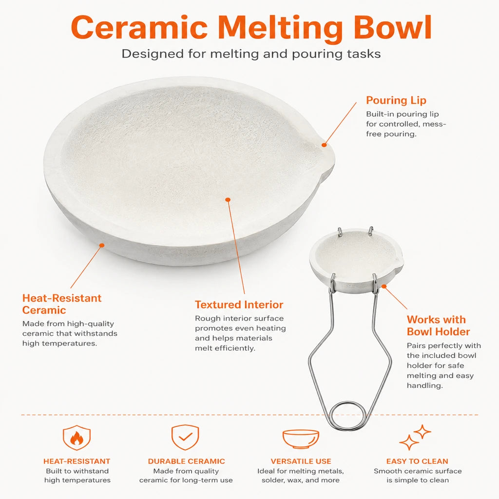 Tooltos Ceramic Melting Bowl with Pouring Lip and Detachable Holder for Jewelry Melting