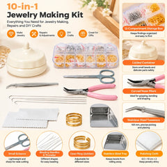 Jewelry making kit overview with labeled close-ups of the organizer, lidded container, pliers, tweezers and accessories