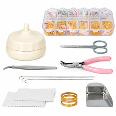 Jewelry making tool kit with pink handled pliers, curved tweezers, scissors, findings organizer, needles, tray and cloths
