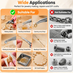 Jewelry tool kit application guide contrasting small jewelry and beading tasks with unsuitable heavy metal and construction work