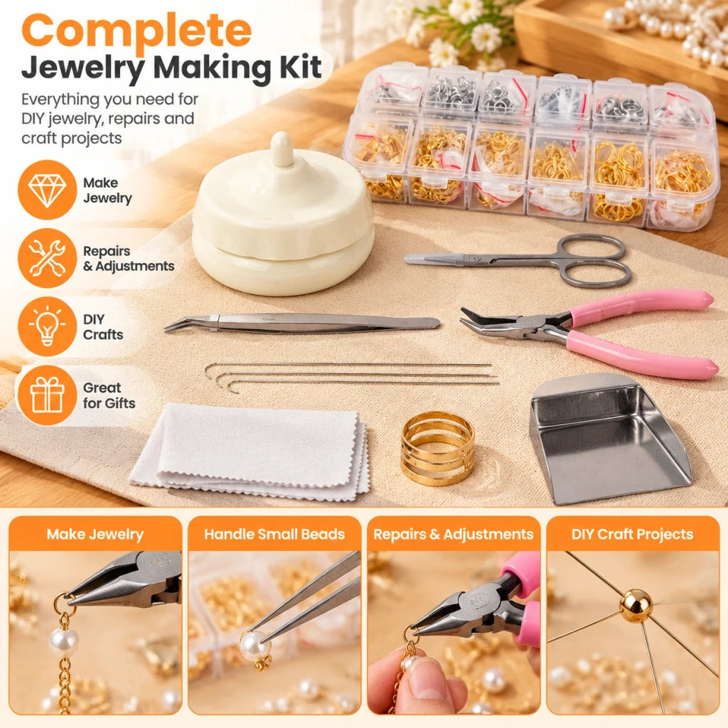 Jewelry tool kit with examples of assembling jewelry, handling small beads, adjusting connections and threading beads