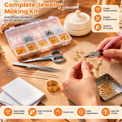 Hands using pink handled pliers to adjust a bracelet connection beside an open findings organizer and jewelry tools