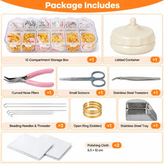 Package contents showing a findings organizer, lidded container, pliers, scissors, tweezers, needles, ring, tray and two cloths