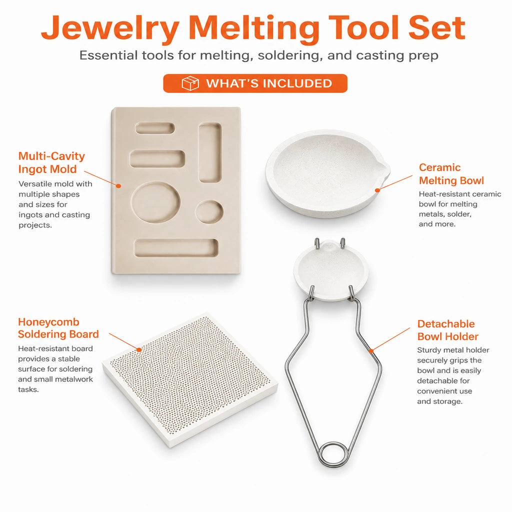 Tooltos Jewelry Melting Tool Set Package Contents Including Ingot Mold Ceramic Bowl Honeycomb Board and Holder