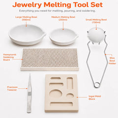 Tooltos Jewelry Melting Tool Set Package Contents 500ml 250ml 100ml Ceramic Bowls Honeycomb Board Wire Holder Tweezer and Ingot Mold