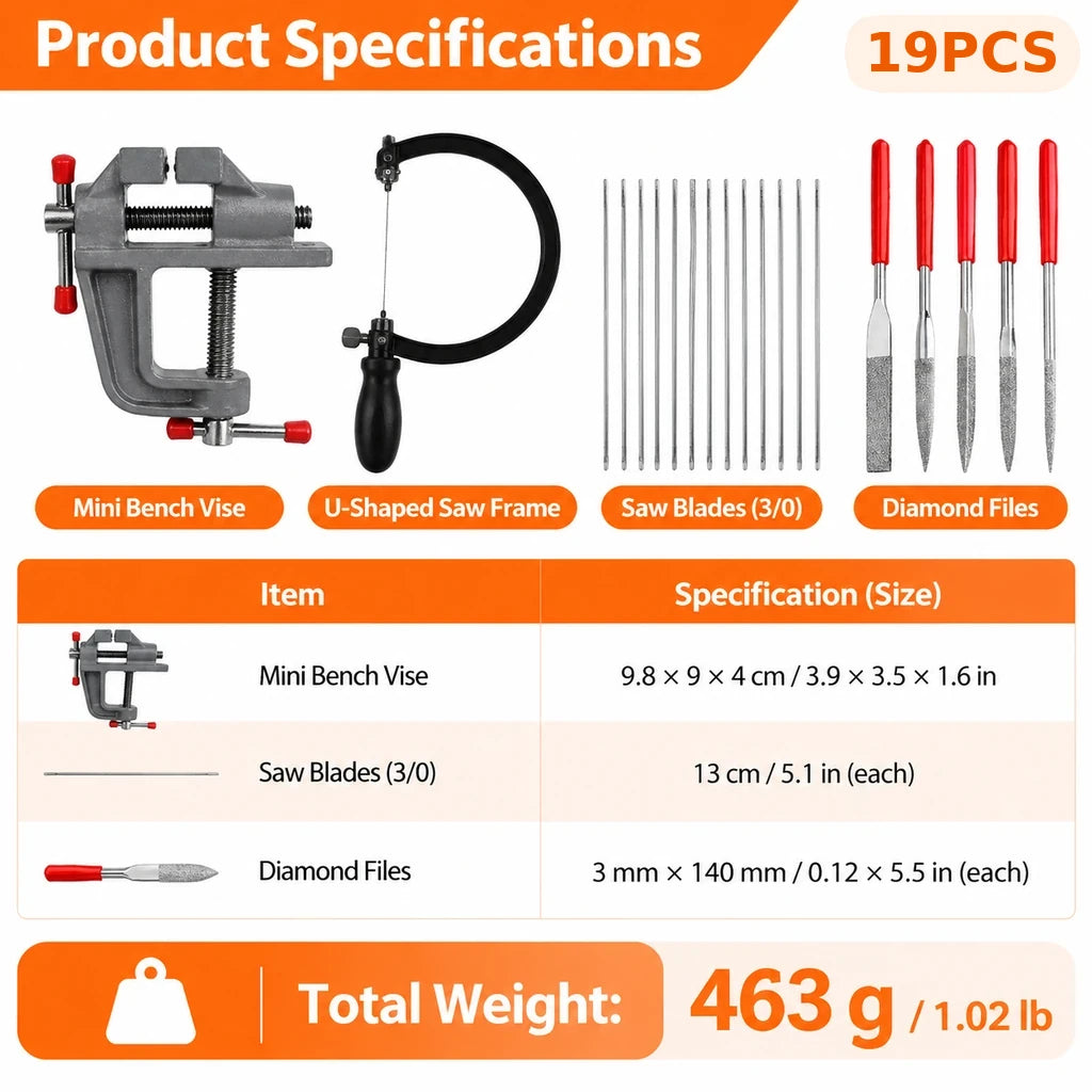 Jewelry saw kit size chart showing bench vise dimensions, 130 mm saw blades, 140 mm diamond files and 463 g total weight
