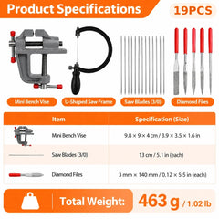 Jewelry saw kit size chart showing bench vise dimensions, 130 mm saw blades, 140 mm diamond files and 463 g total weight