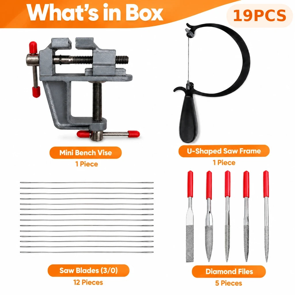 Jewelry saw kit contents with one mini bench vise, one saw frame, 12 fine saw blades and five diamond files