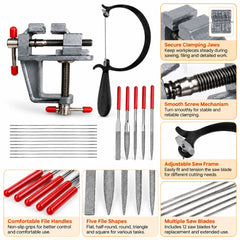 Jewelry tool kit showing vise jaws, screw mechanism, saw blade adjustment, red file handles and five diamond file shapes