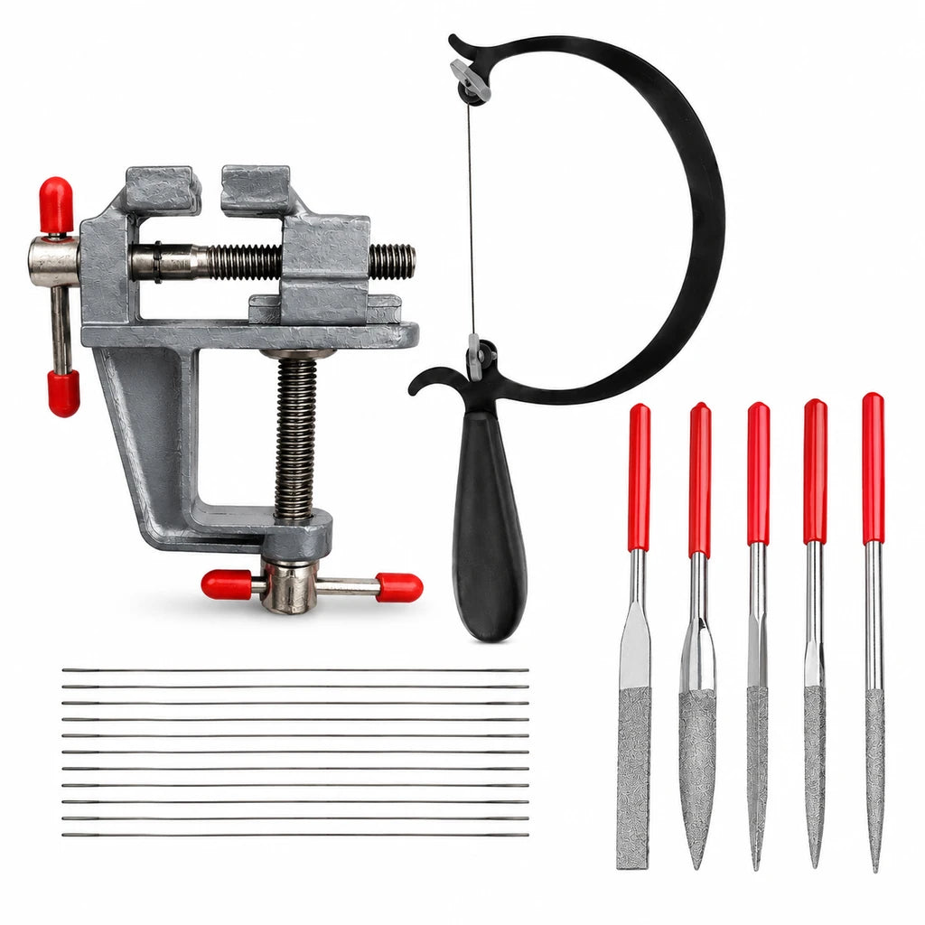 Jewelry saw kit with a mini bench vise, U shaped saw frame, replacement blades and five red handled diamond files